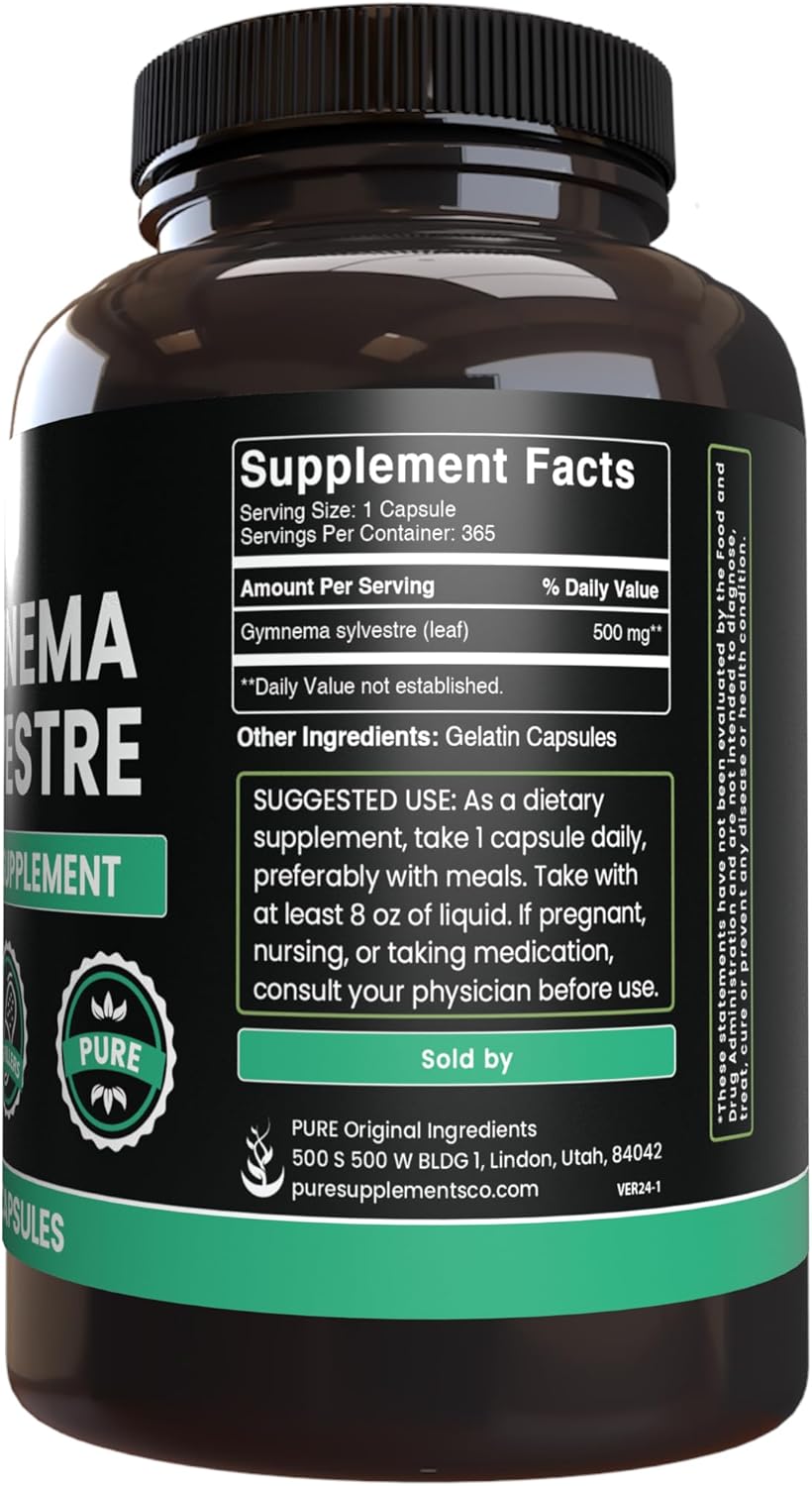 365 Capsules of Pure Gymnema Sylvestre Without Magnesium or Rice Fillers, Lab Verified