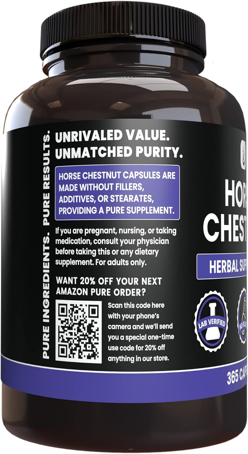 365 Capsules of Pure Horse Chestnut Extract, No Magnesium or Rice Fillers, Lab Verified Quality