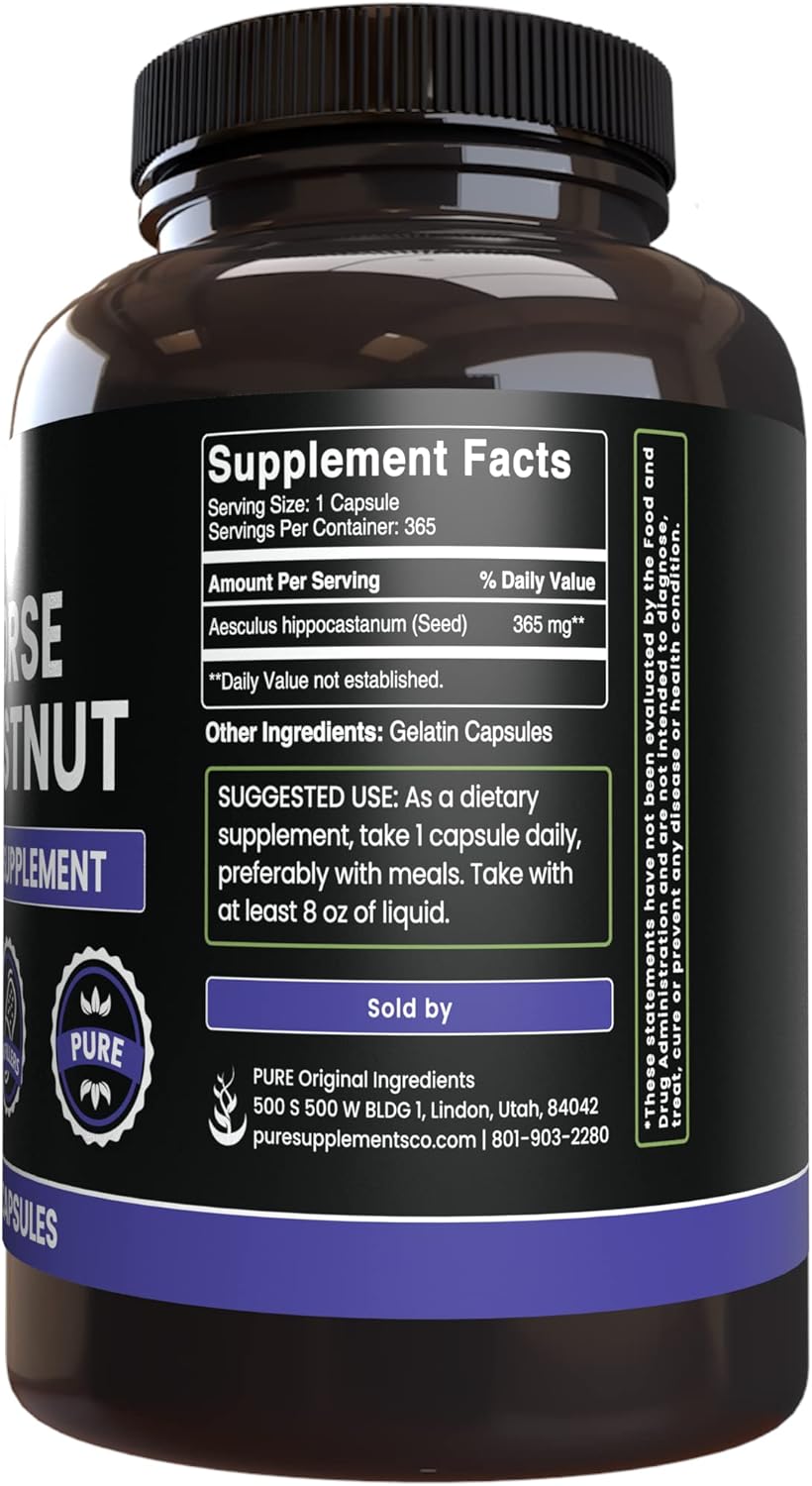 365 Capsules of Pure Horse Chestnut Extract, No Magnesium or Rice Fillers, Lab Verified Quality