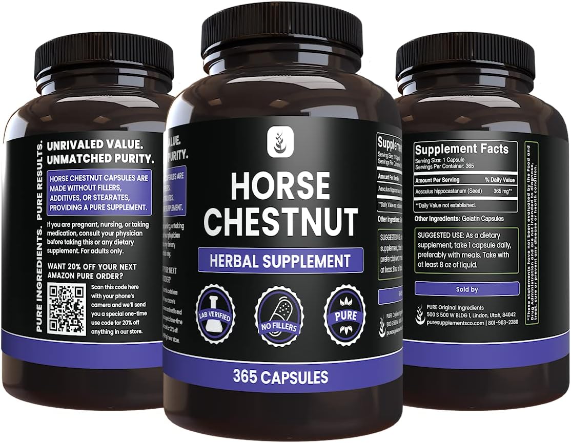 365 Capsules of Pure Horse Chestnut Extract, No Magnesium or Rice Fillers, Lab Verified Quality