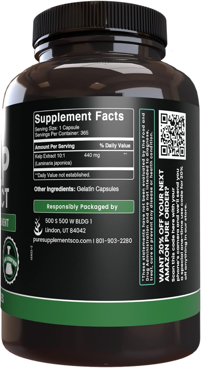 365 Capsules of Pure Kelp Extract - No Magnesium or Rice Fillers - Lab Verified - Always Original Ingredients