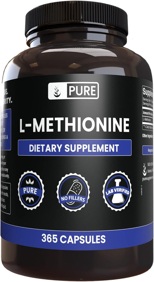 365 Capsules of Pure L-Methionine - No Magnesium or Rice Fillers - Lab Verified Quality