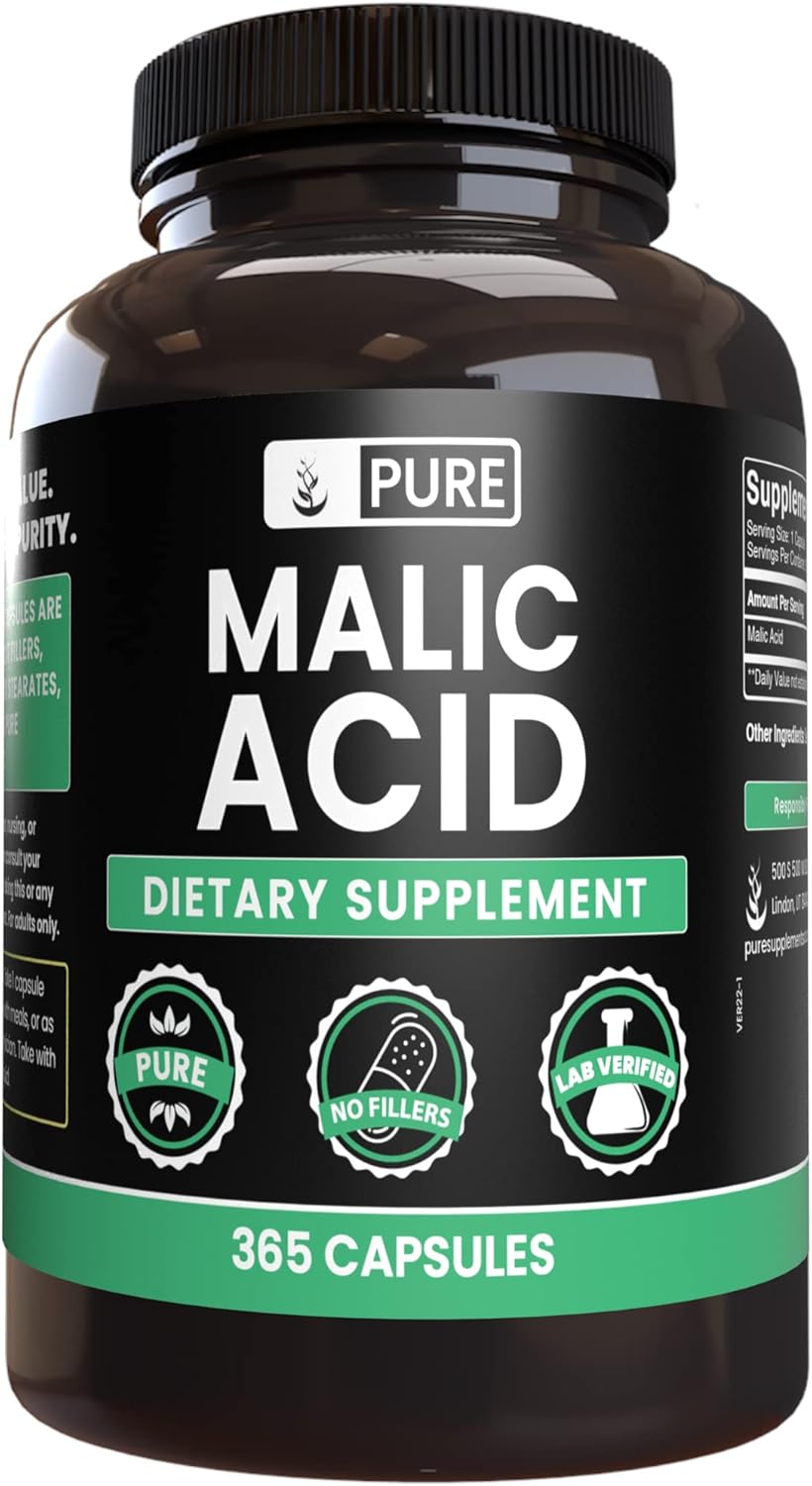 365 Capsules of Pure Malic Acid with Original Ingredients, No Magnesium or Rice Fillers - Lab Verified