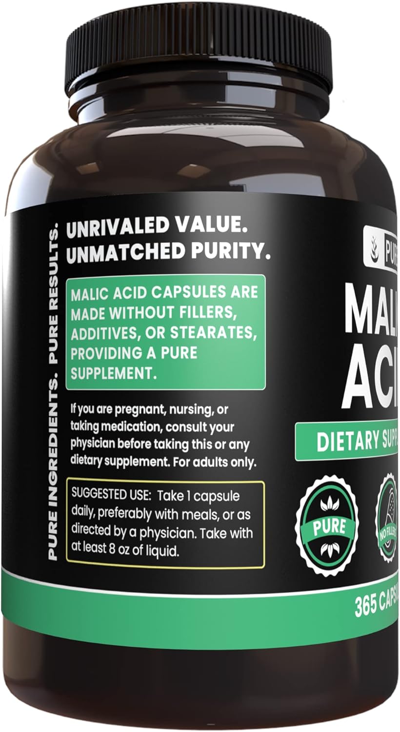 365 Capsules of Pure Malic Acid with Original Ingredients, No Magnesium or Rice Fillers - Lab Verified