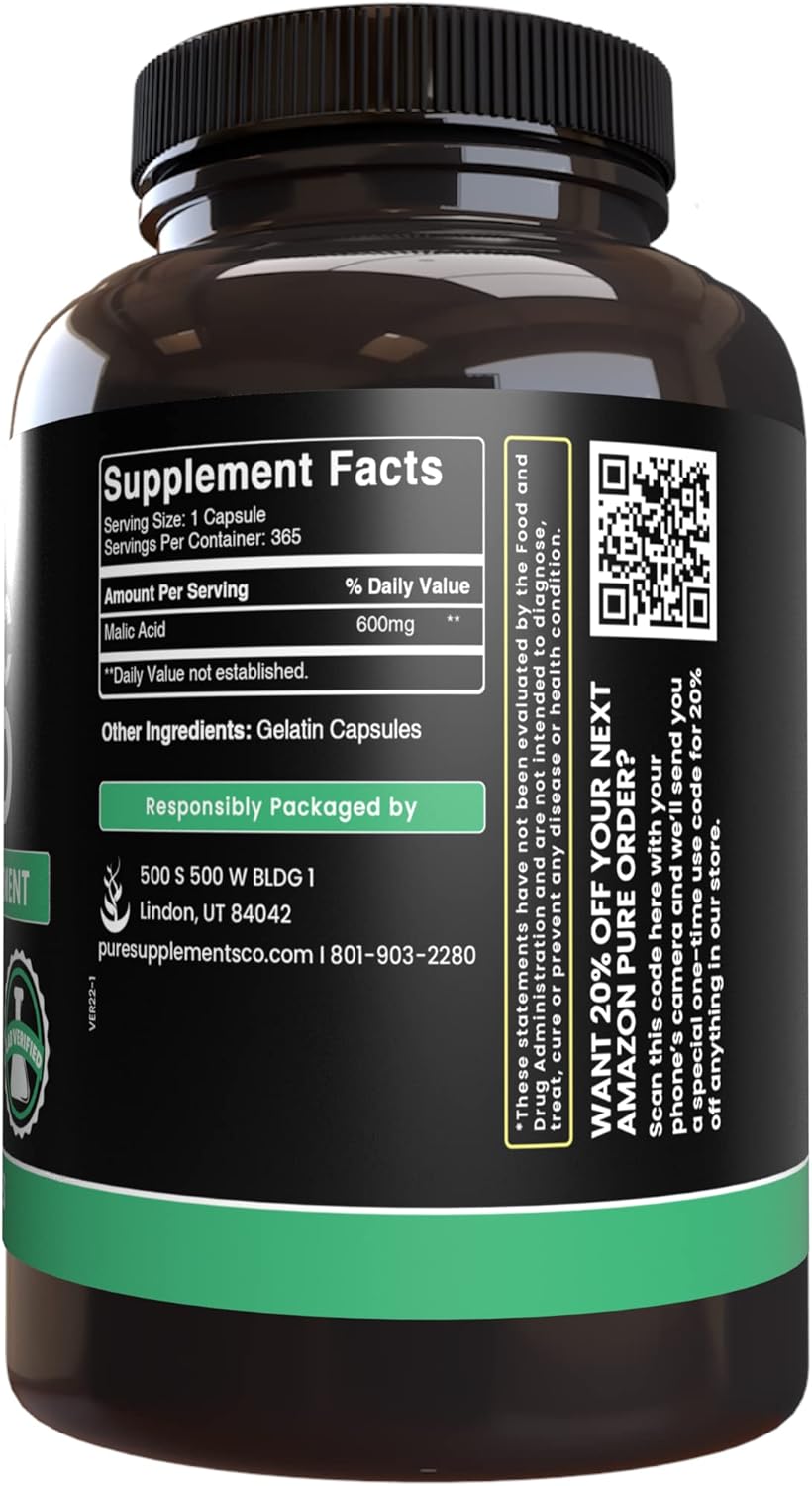 365 Capsules of Pure Malic Acid with Original Ingredients, No Magnesium or Rice Fillers - Lab Verified