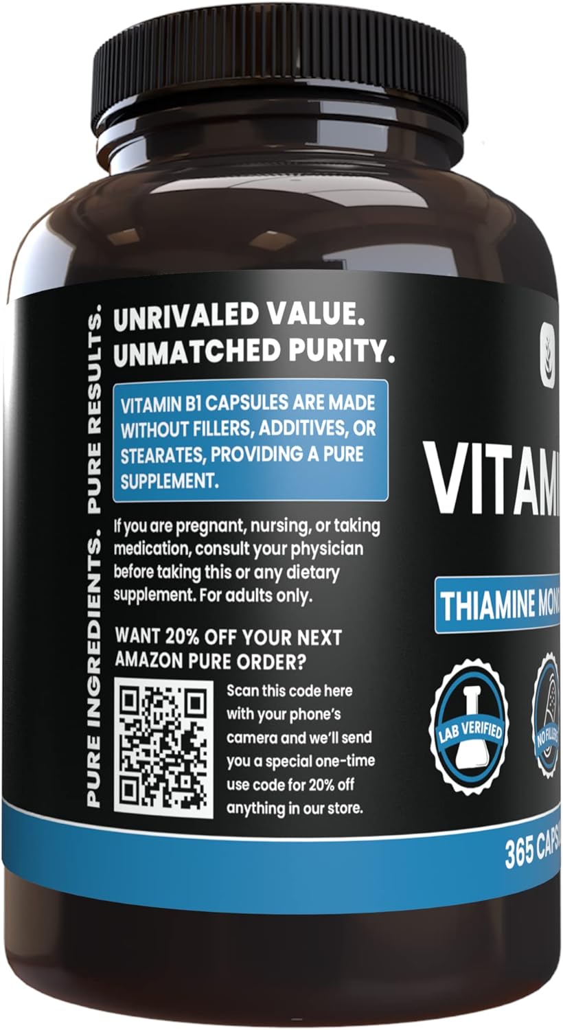 365 Capsules of Pure Original Ingredients Vitamin B1 (Thiamine Mononitrate) - No Magnesium or Rice Fillers - Lab Verified Pure Formula