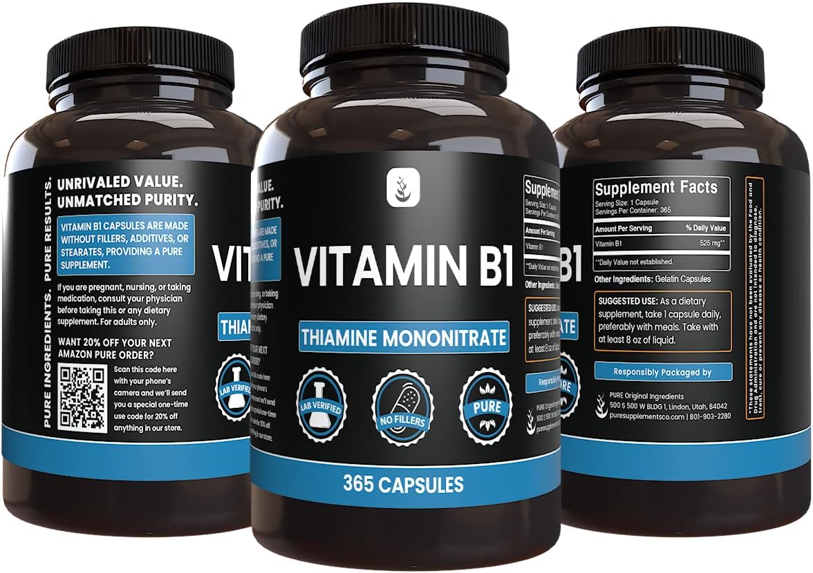 365 Capsules of Pure Original Ingredients Vitamin B1 (Thiamine Mononitrate) - No Magnesium or Rice Fillers - Lab Verified Pure Formula