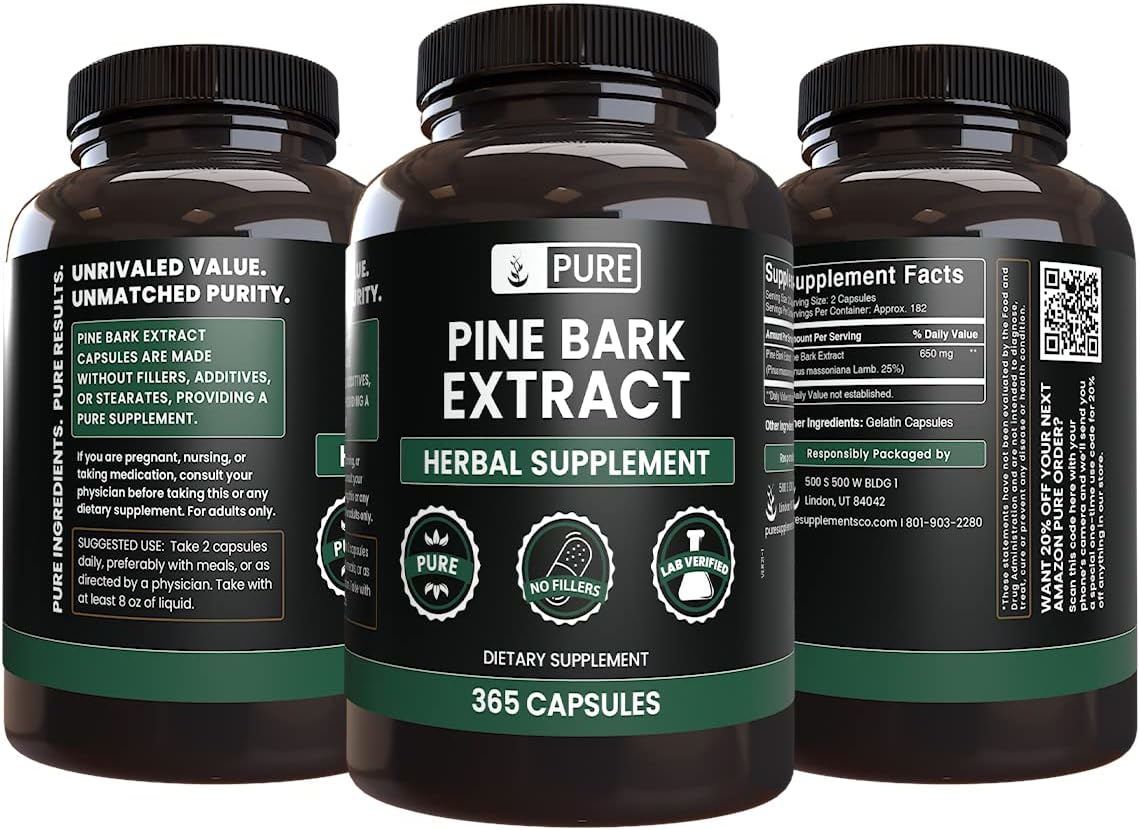365 Capsules of Pure Pine Bark Extract - No Magnesium or Rice Fillers - Lab Verified