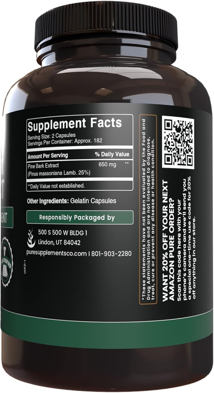 365 Capsules of Pure Pine Bark Extract - No Magnesium or Rice Fillers - Lab Verified