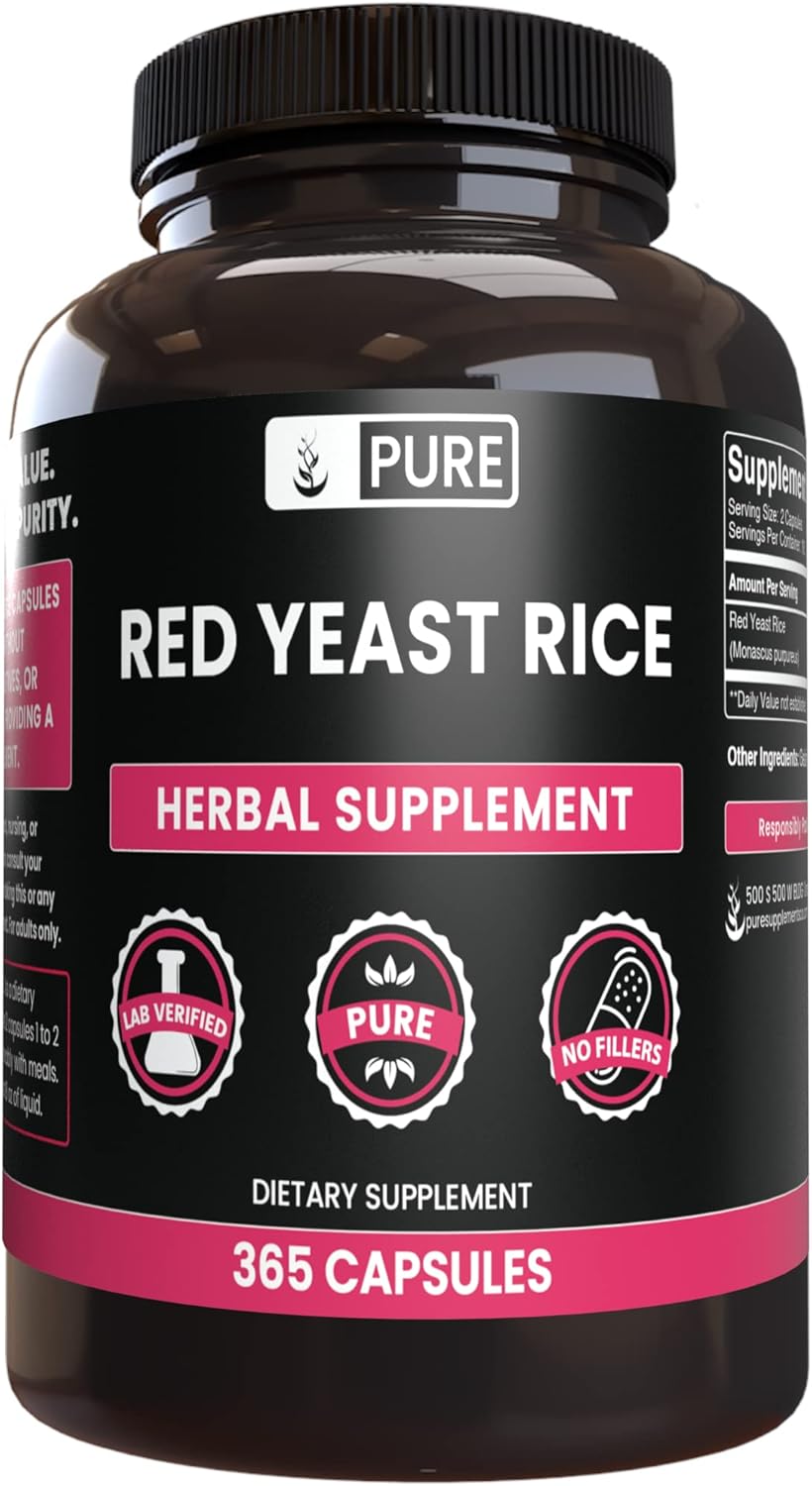 365 Capsules of Pure Red Yeast Rice - No Magnesium or Rice Fillers, Lab Verified Quality
