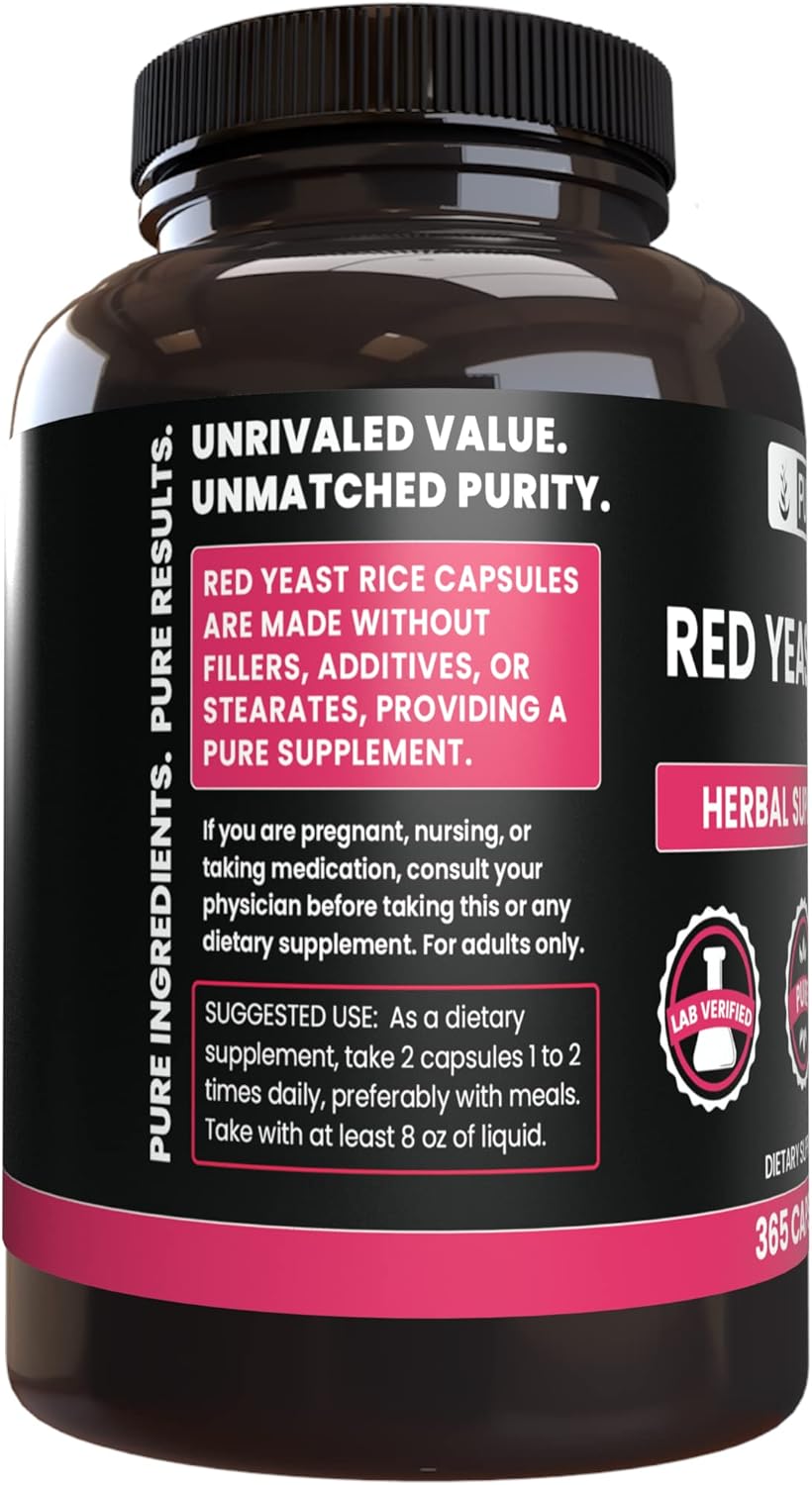 365 Capsules of Pure Red Yeast Rice - No Magnesium or Rice Fillers, Lab Verified Quality