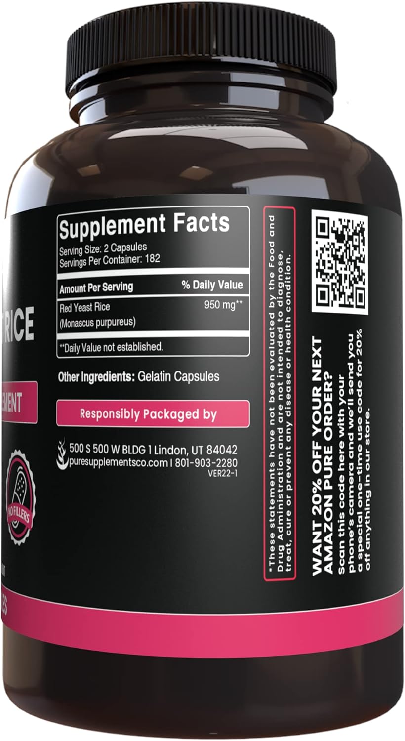 365 Capsules of Pure Red Yeast Rice - No Magnesium or Rice Fillers, Lab Verified Quality