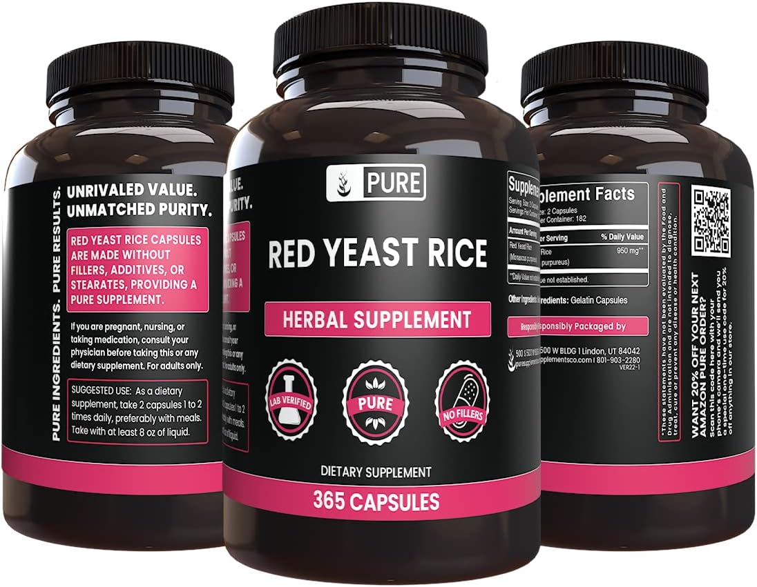 365 Capsules of Pure Red Yeast Rice - No Magnesium or Rice Fillers, Lab Verified Quality