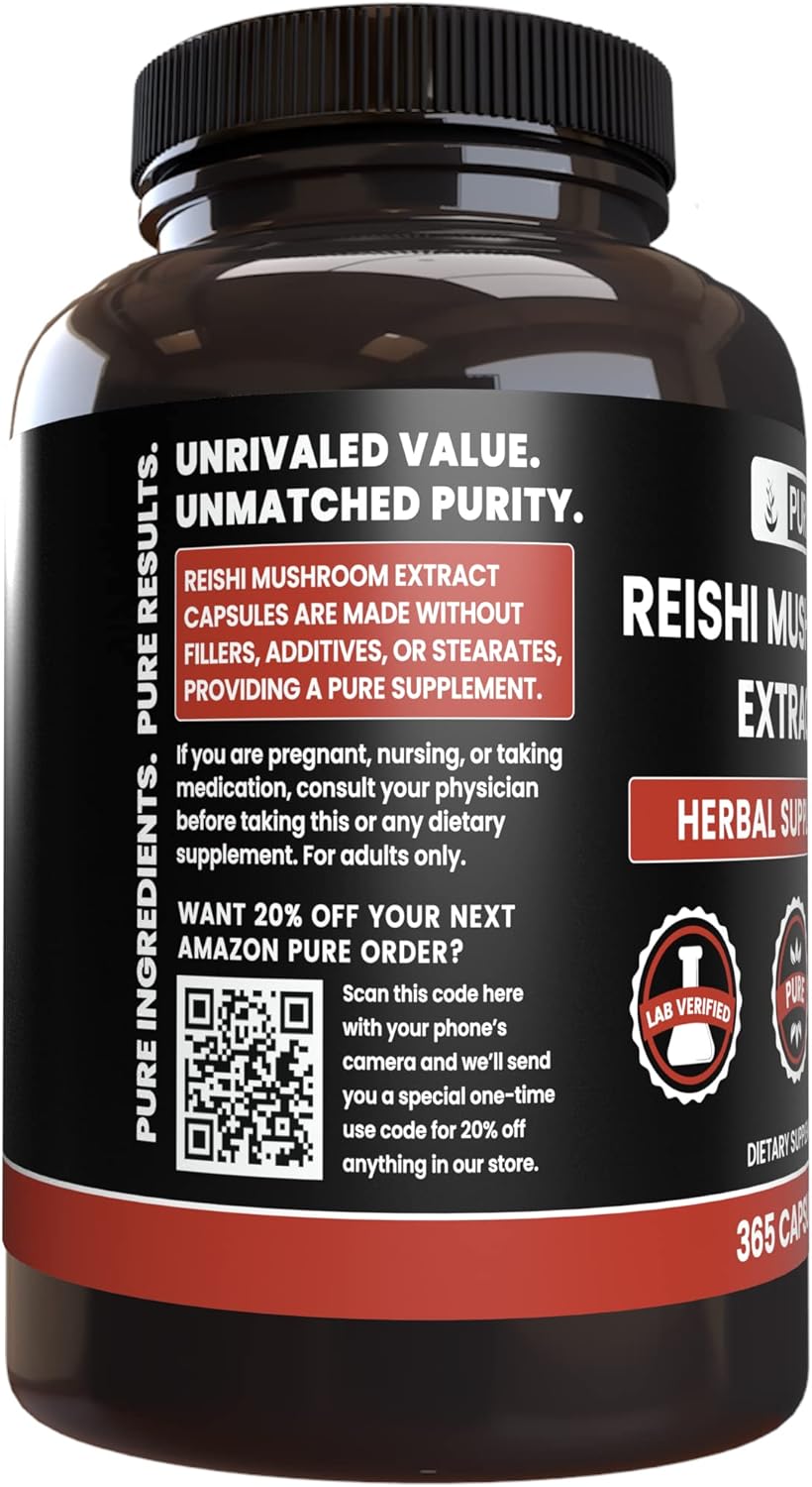 365 Capsules of Pure Reishi Mushroom Extract with Original Ingredients - No Magnesium or Rice Fillers, Lab Verified
