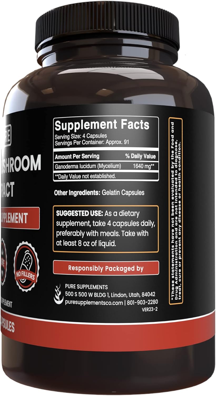 365 Capsules of Pure Reishi Mushroom Extract with Original Ingredients - No Magnesium or Rice Fillers, Lab Verified