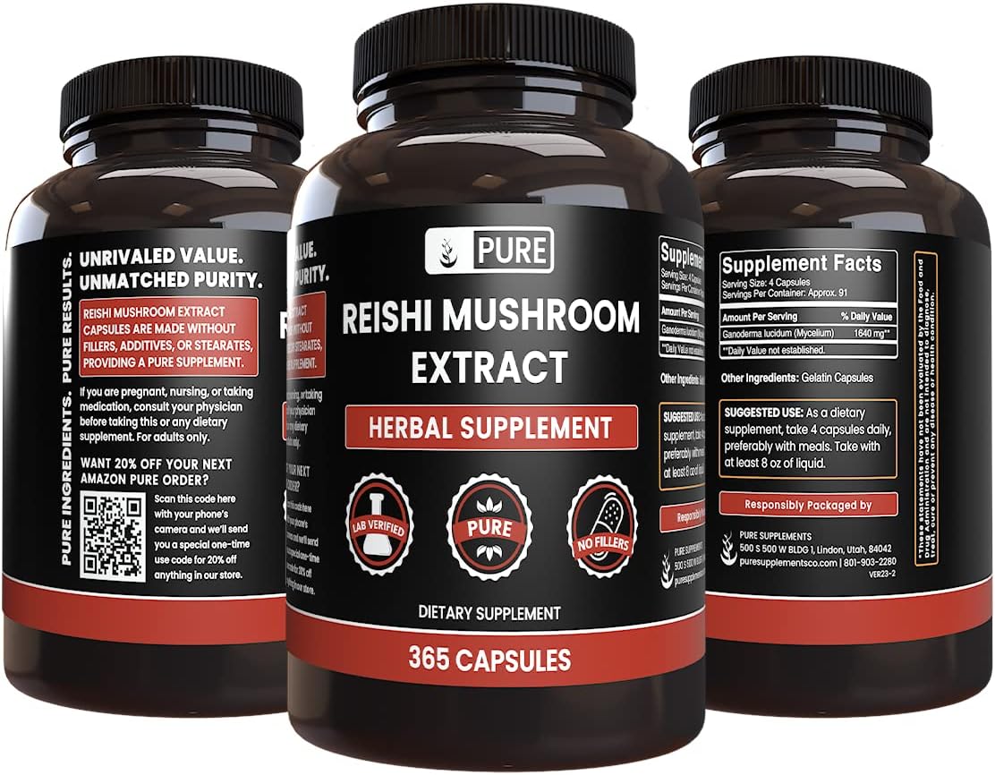 365 Capsules of Pure Reishi Mushroom Extract with Original Ingredients - No Magnesium or Rice Fillers, Lab Verified