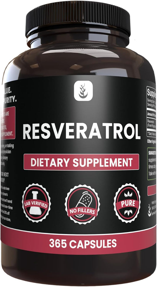 365 Capsules of Pure Resveratrol with Lab Verified Ingredients, No Magnesium or Rice Fillers