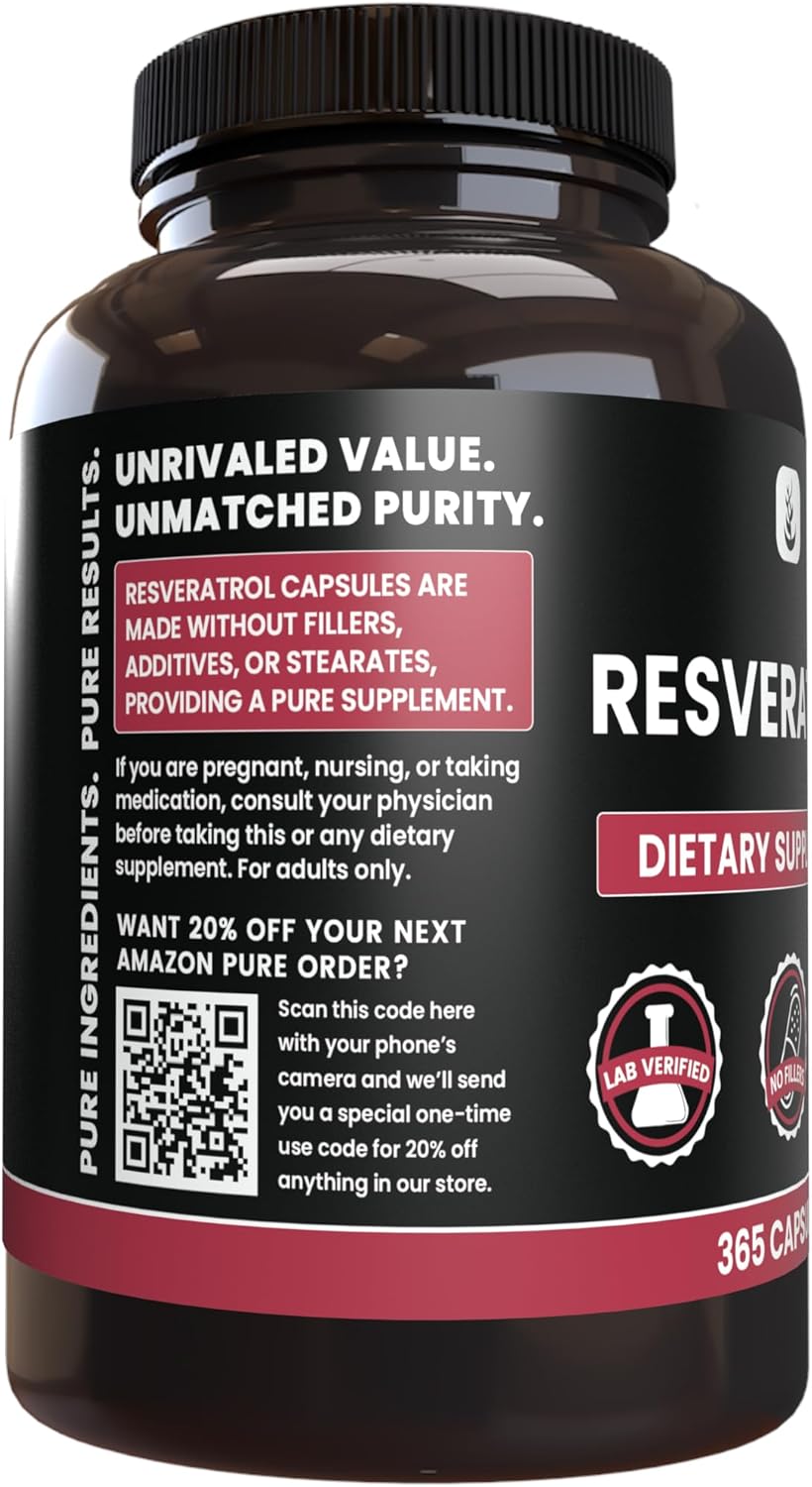 365 Capsules of Pure Resveratrol with Lab Verified Ingredients, No Magnesium or Rice Fillers