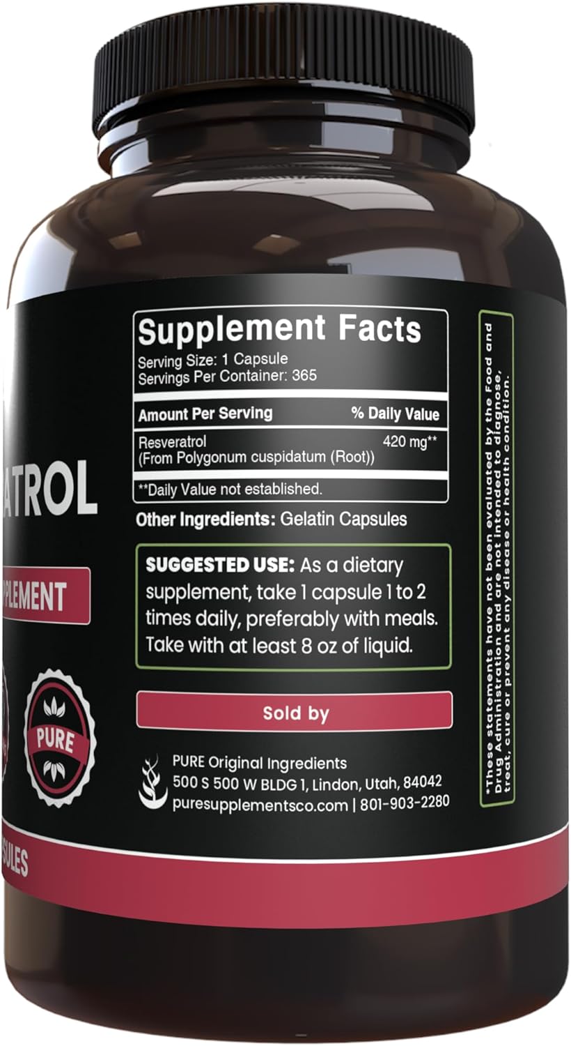 365 Capsules of Pure Resveratrol with Lab Verified Ingredients, No Magnesium or Rice Fillers