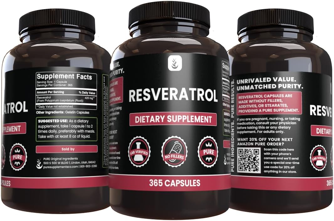 365 Capsules of Pure Resveratrol with Lab Verified Ingredients, No Magnesium or Rice Fillers