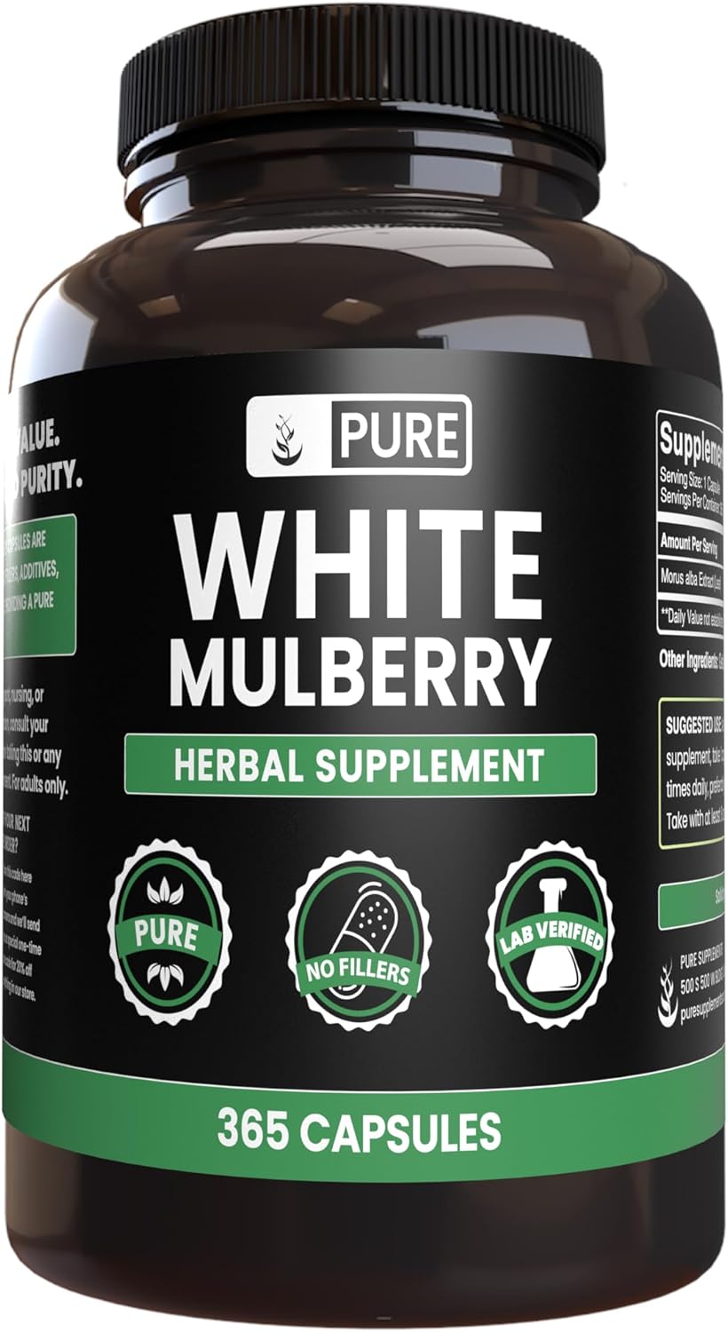 365 Capsules of Pure White Mulberry with Original Ingredients, No Magnesium or Rice Fillers - Lab Verified, Always Pure