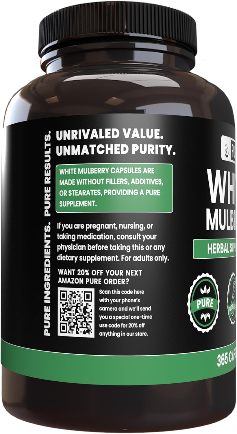 365 Capsules of Pure White Mulberry with Original Ingredients, No Magnesium or Rice Fillers - Lab Verified, Always Pure