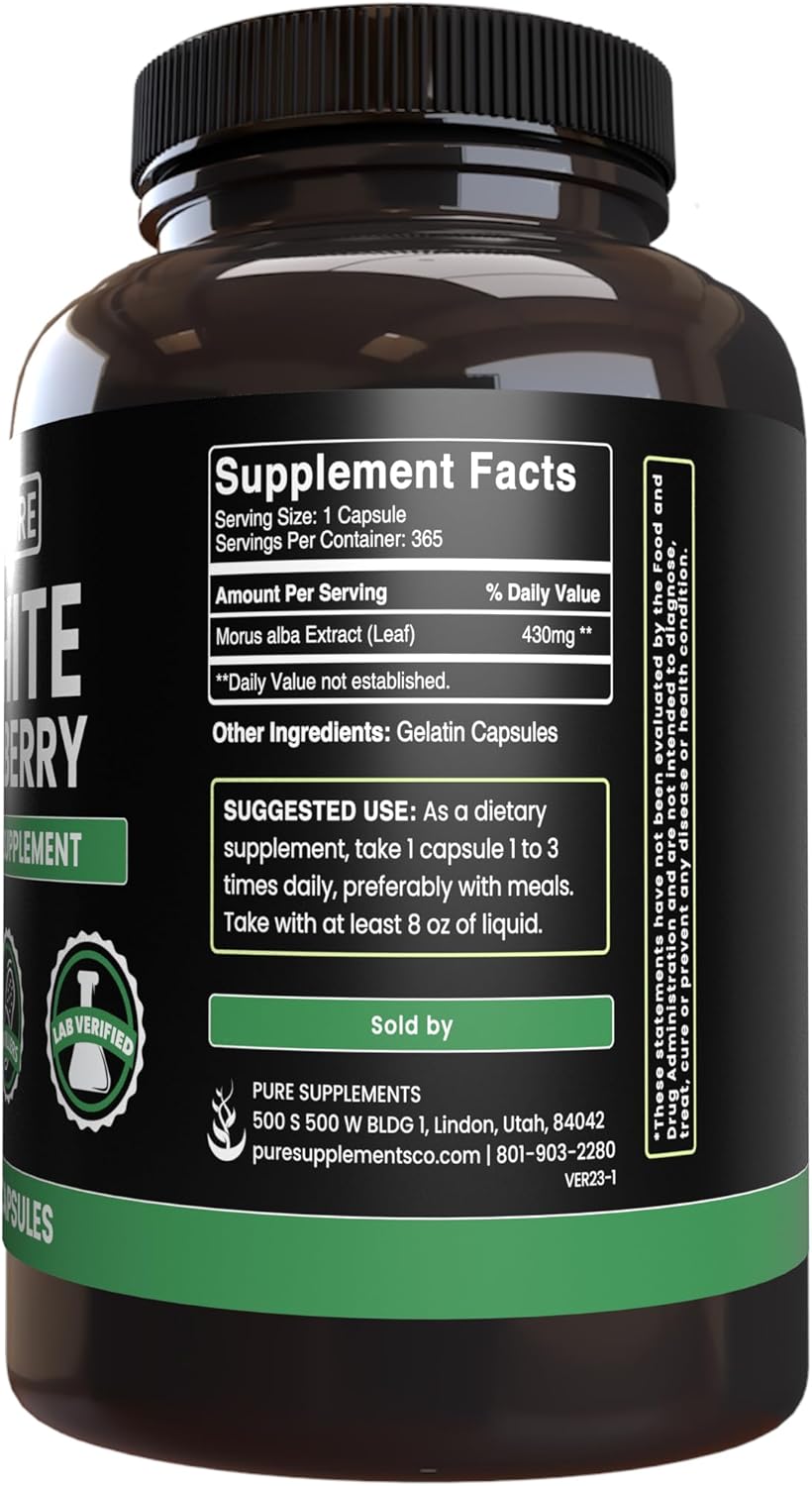 365 Capsules of Pure White Mulberry with Original Ingredients, No Magnesium or Rice Fillers - Lab Verified, Always Pure