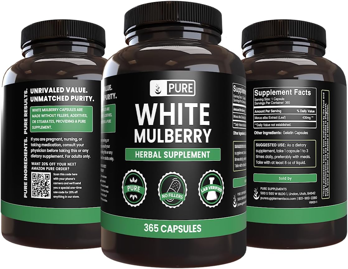 365 Capsules of Pure White Mulberry with Original Ingredients, No Magnesium or Rice Fillers - Lab Verified, Always Pure