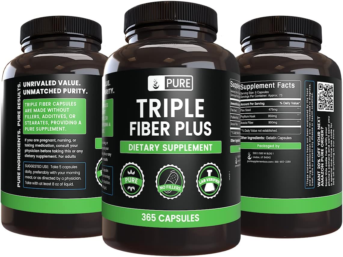 365 Capsules of Triple Fiber with Pure Original Ingredients - No Magnesium or Rice Fillers - Lab Verified