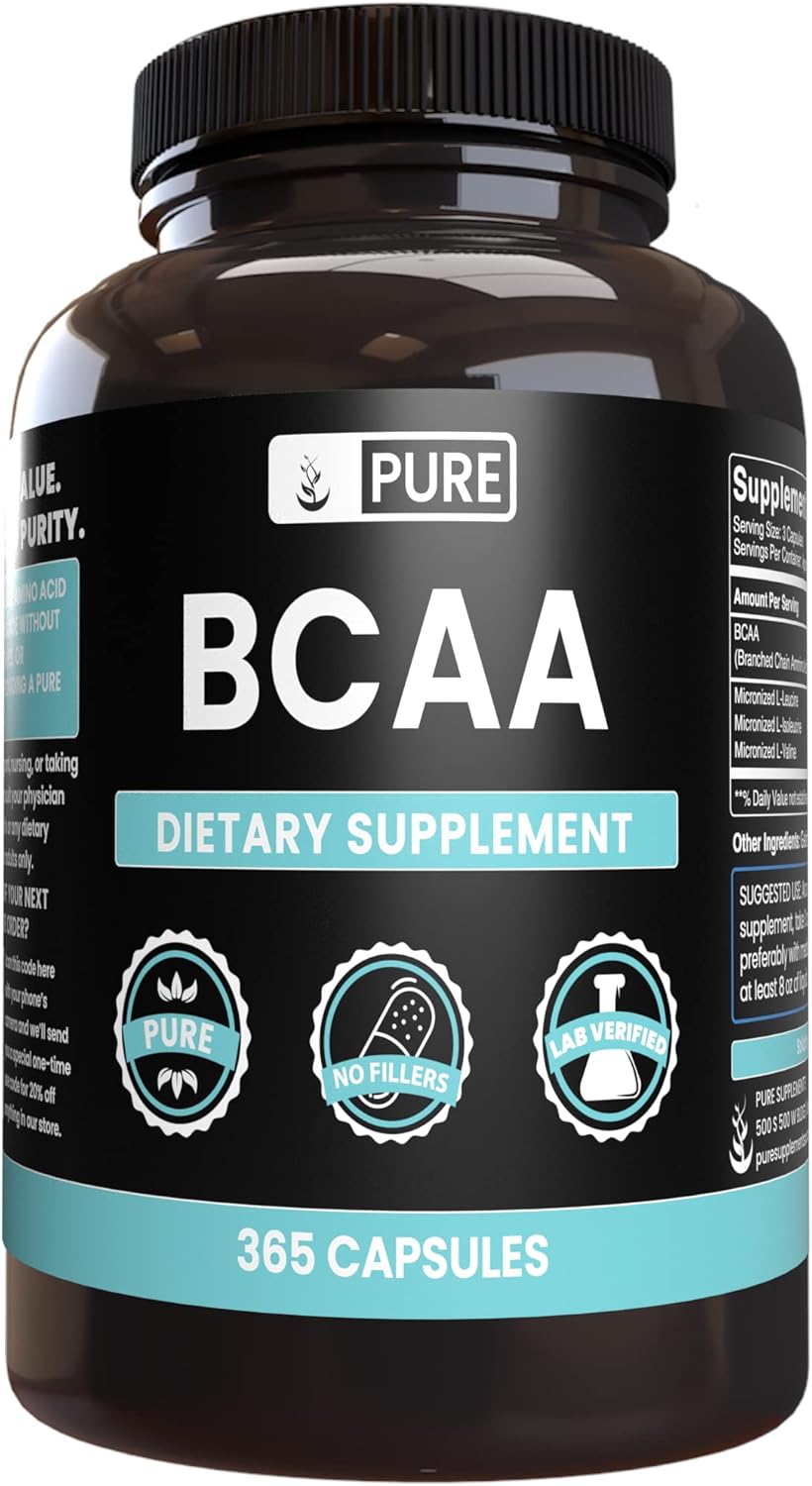 365 Capsules Pure BCAA Supplement - Original Ingredients, No Magnesium or Rice Fillers - Lab Verified Quality