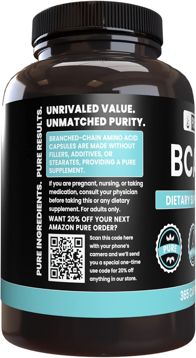365 Capsules Pure BCAA Supplement - Original Ingredients, No Magnesium or Rice Fillers - Lab Verified Quality