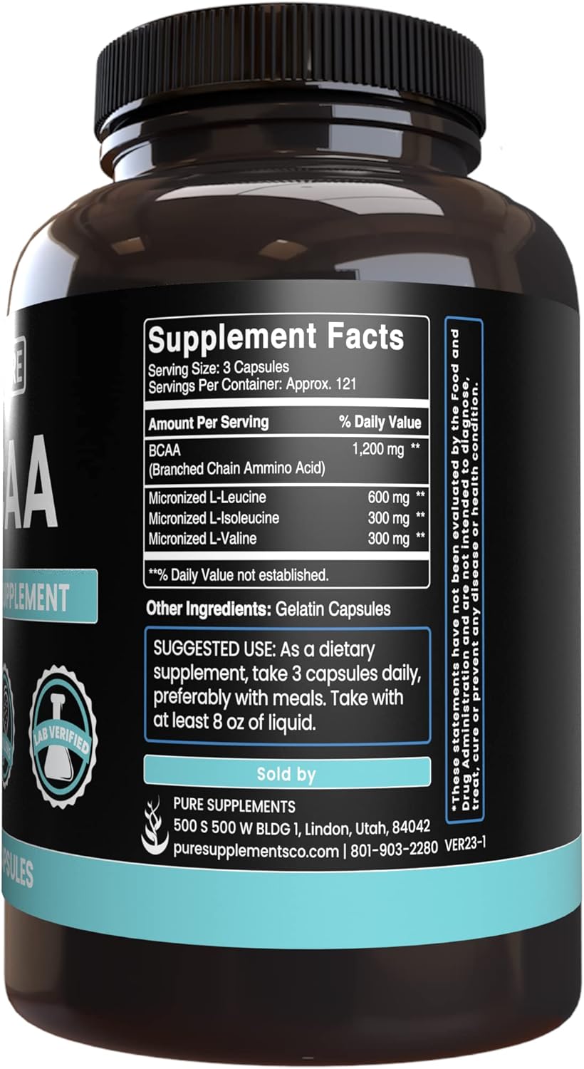 365 Capsules Pure BCAA Supplement - Original Ingredients, No Magnesium or Rice Fillers - Lab Verified Quality