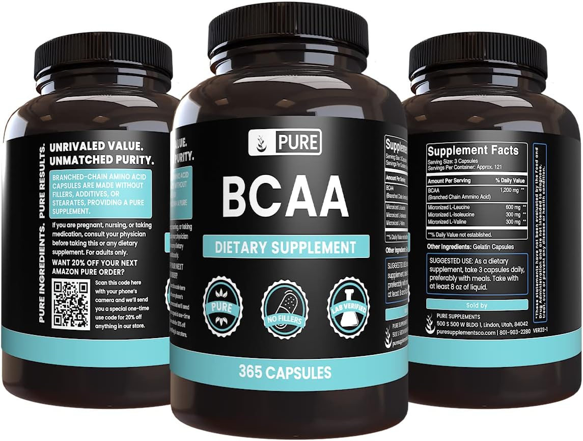 365 Capsules Pure BCAA Supplement - Original Ingredients, No Magnesium or Rice Fillers - Lab Verified Quality