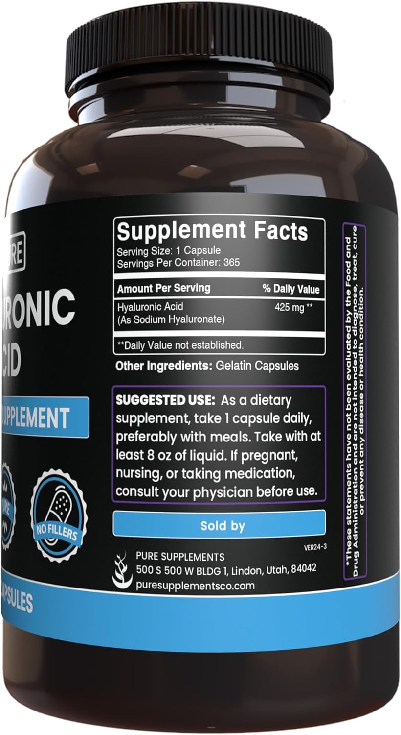 365 Capsules Pure Hyaluronic Acid with Original Ingredients - No Magnesium or Rice Fillers, Lab Verified