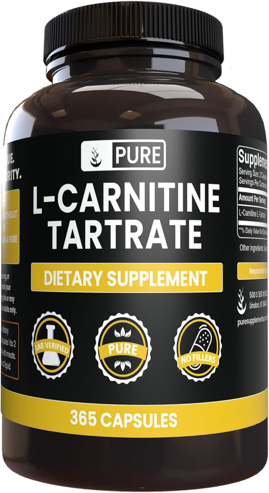 365 Capsules Pure L-Carnitine Tartrate - No Magnesium or Rice Fillers, Lab Verified