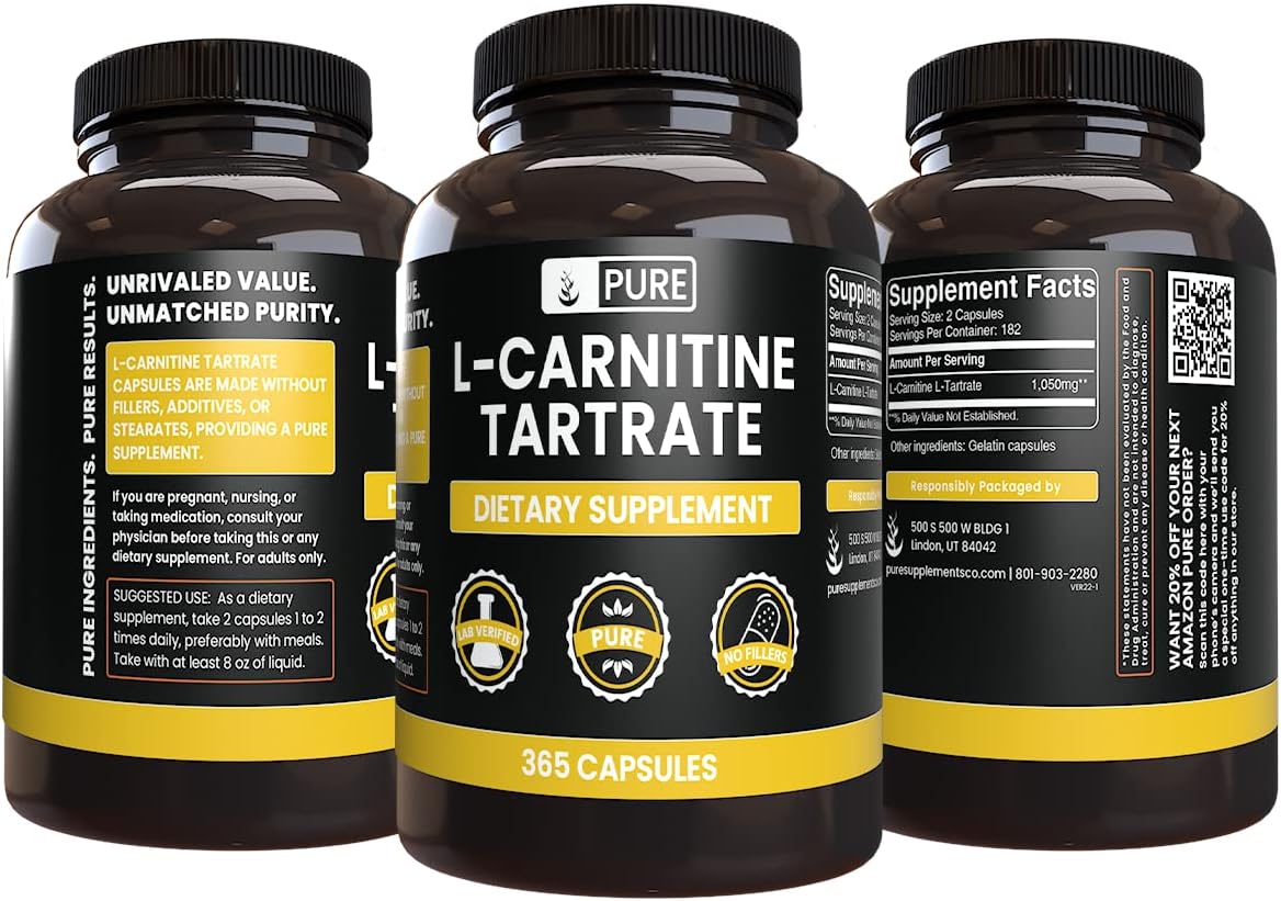 365 Capsules Pure L-Carnitine Tartrate - No Magnesium or Rice Fillers, Lab Verified
