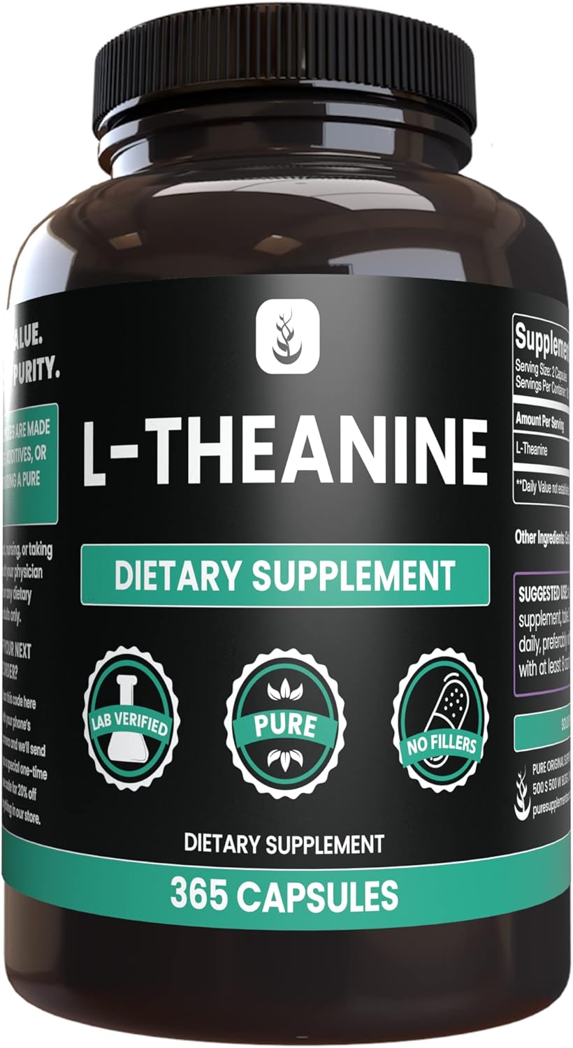 365 Capsules Pure Original L-Theanine with Amino Acid, No Magnesium or Rice Filler, Lab Verified