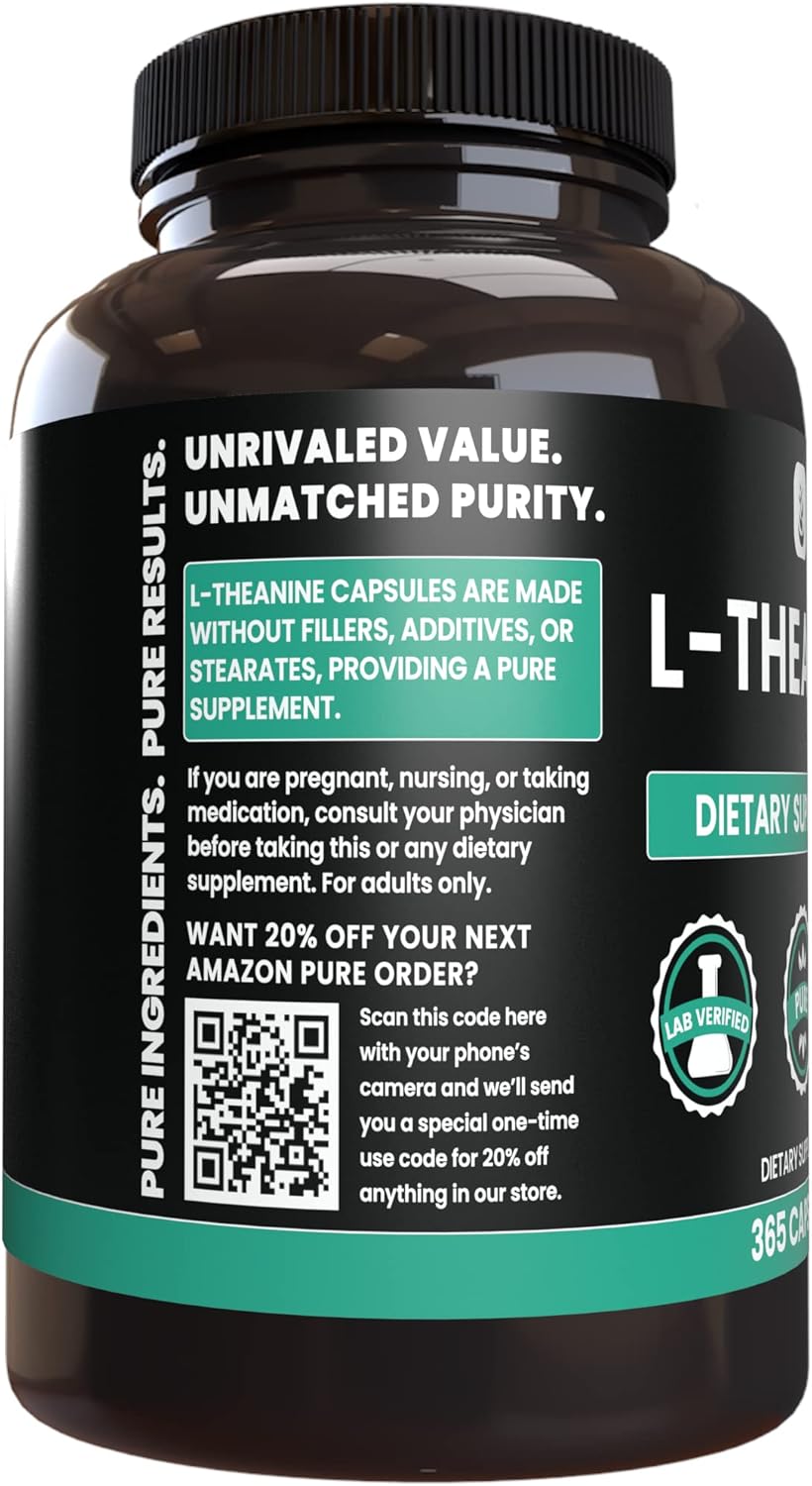 365 Capsules Pure Original L-Theanine with Amino Acid, No Magnesium or Rice Filler, Lab Verified