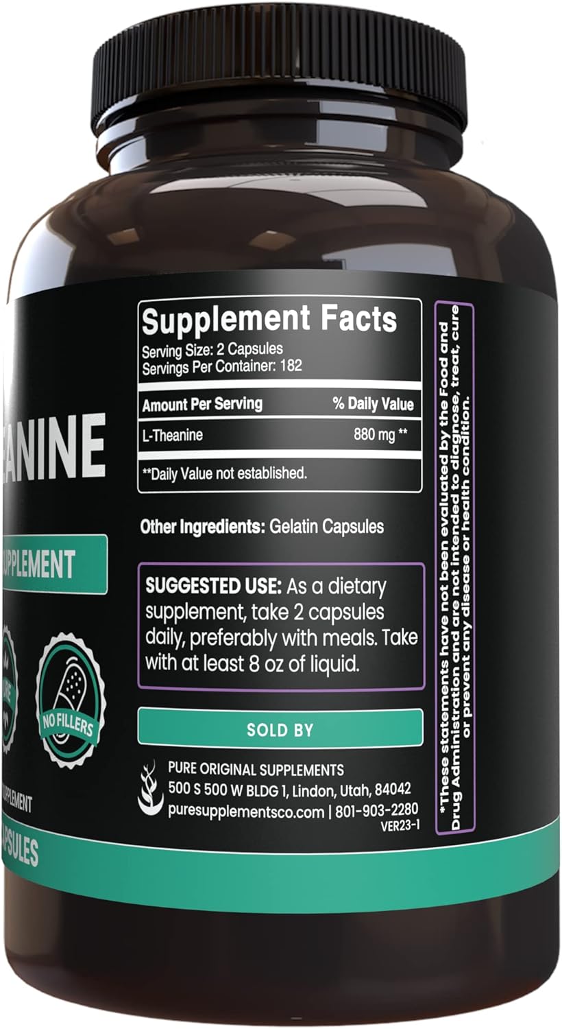 365 Capsules Pure Original L-Theanine with Amino Acid, No Magnesium or Rice Filler, Lab Verified