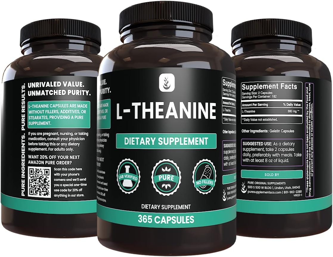 365 Capsules Pure Original L-Theanine with Amino Acid, No Magnesium or Rice Filler, Lab Verified