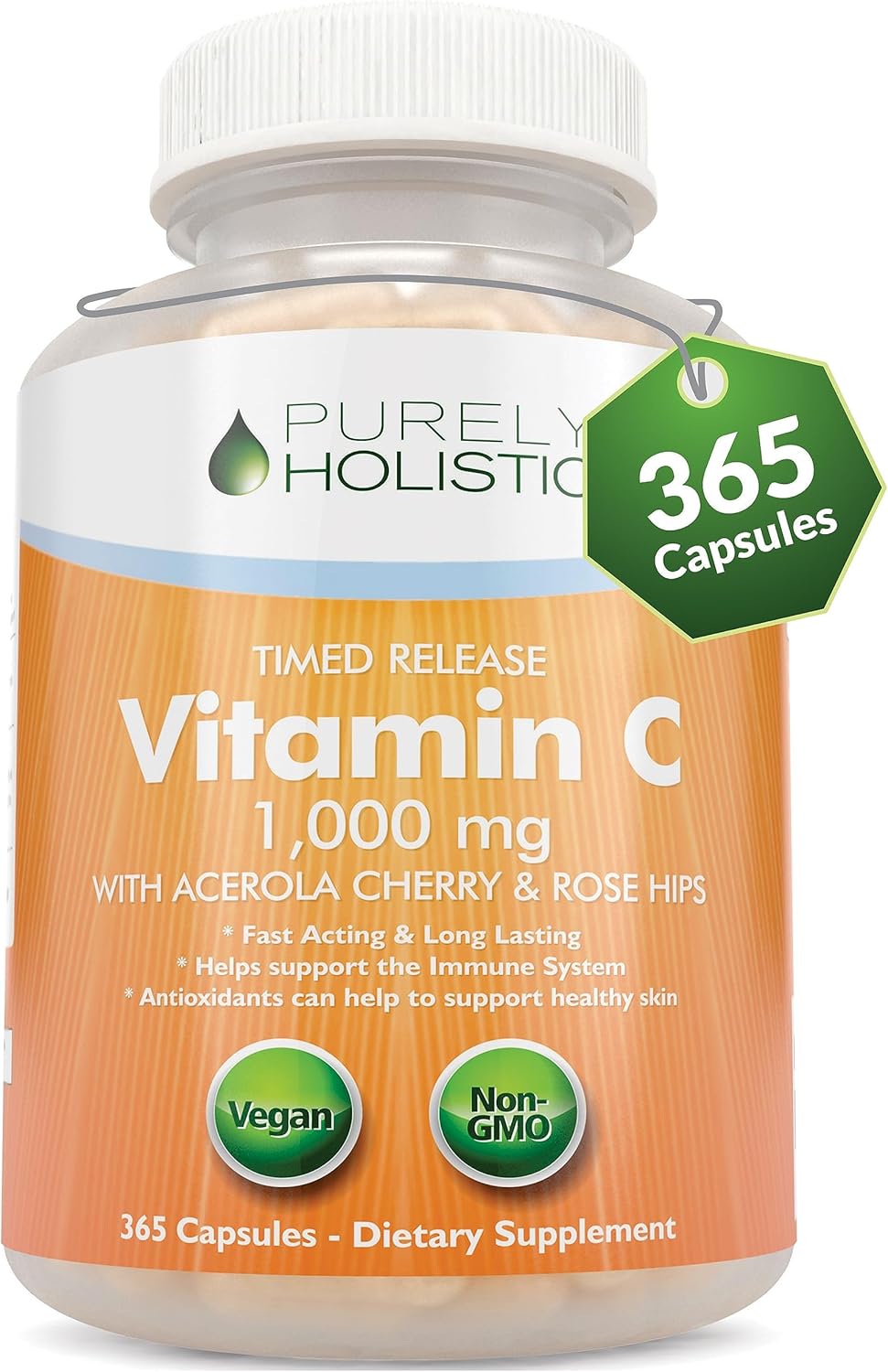 365 Capsules Purely Holistic Vitamin C 1000mg - 12 Month Supply, 2 Stage Timed Release with Ascorbic Acid, Rosehip & Acerola Cherry Bioflavonoid - Immune System Support, Vegan Formula