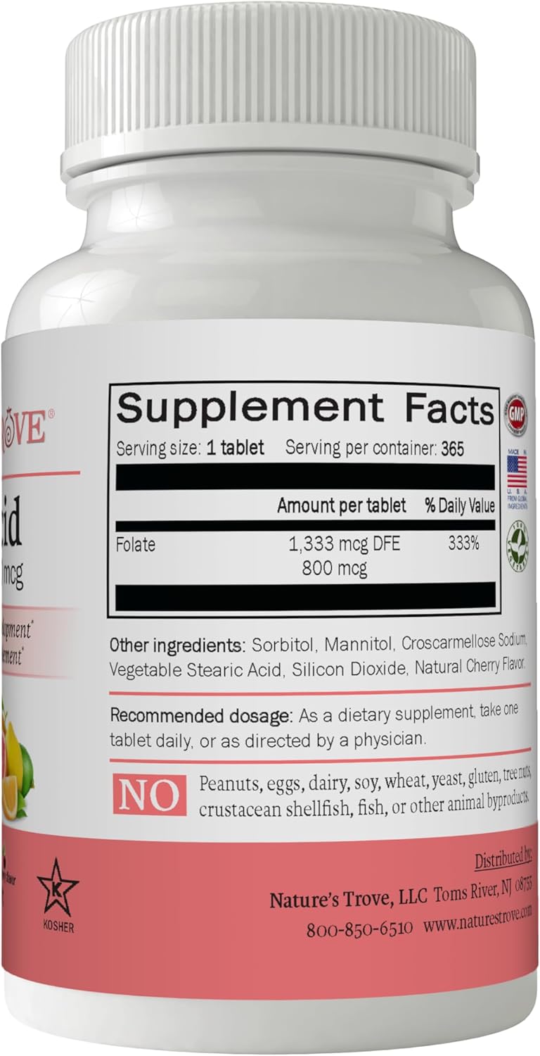 365 Cherry Flavored Folic Acid 800 mcg EZ Chew Tablets by Nature's Trove