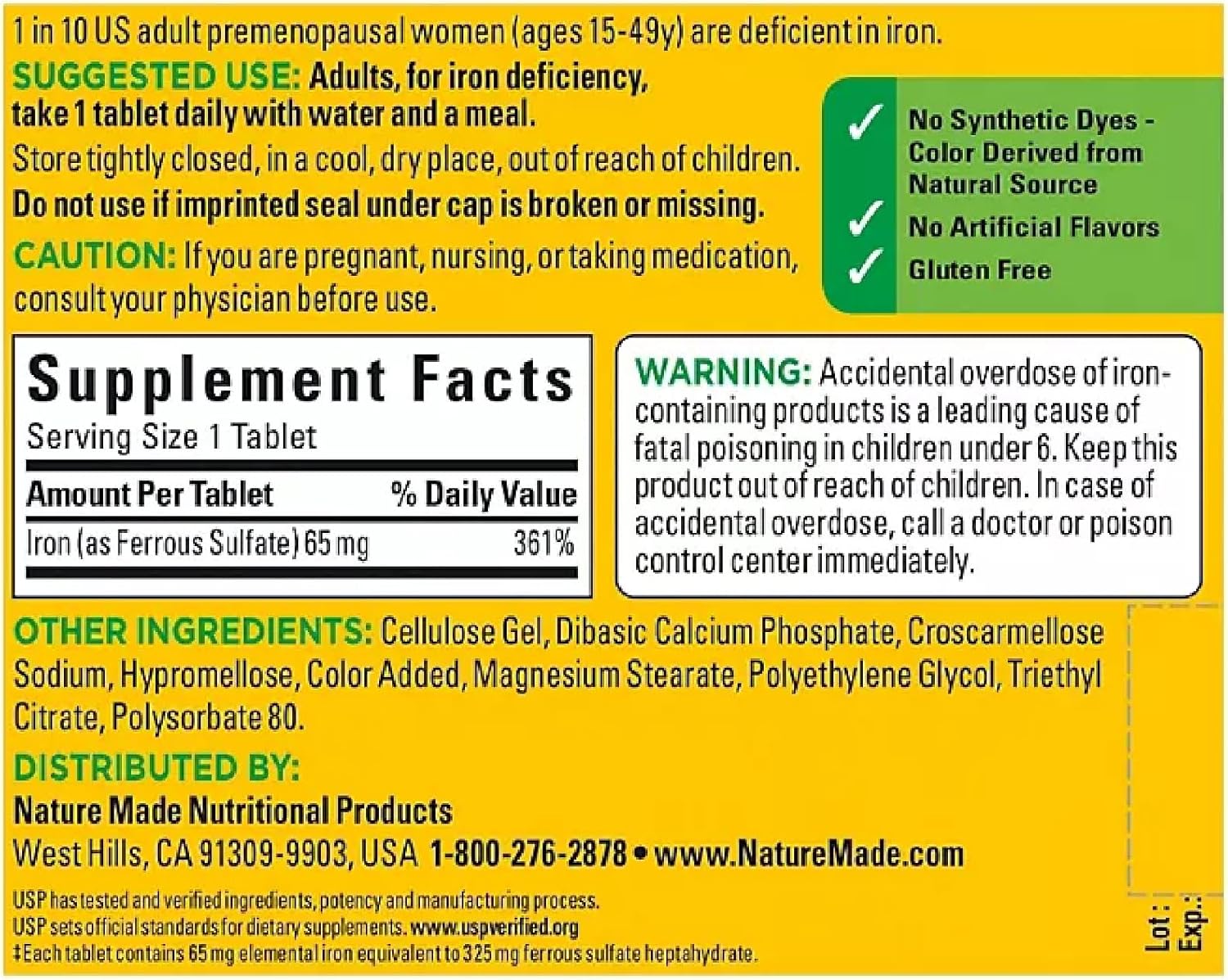 365 Count Nature Made Iron 65 mg Tablets for Red Blood Cell Formation