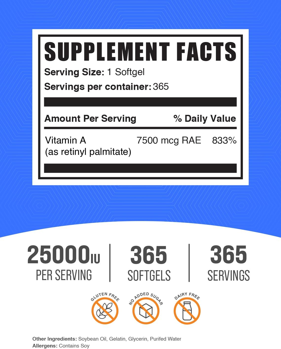365 Count Vitamin A 25000 IU Softgels - Retinyl Palmitate Supplement for Eye & Immune Support - Gluten Free, 1 Softgel/serv.