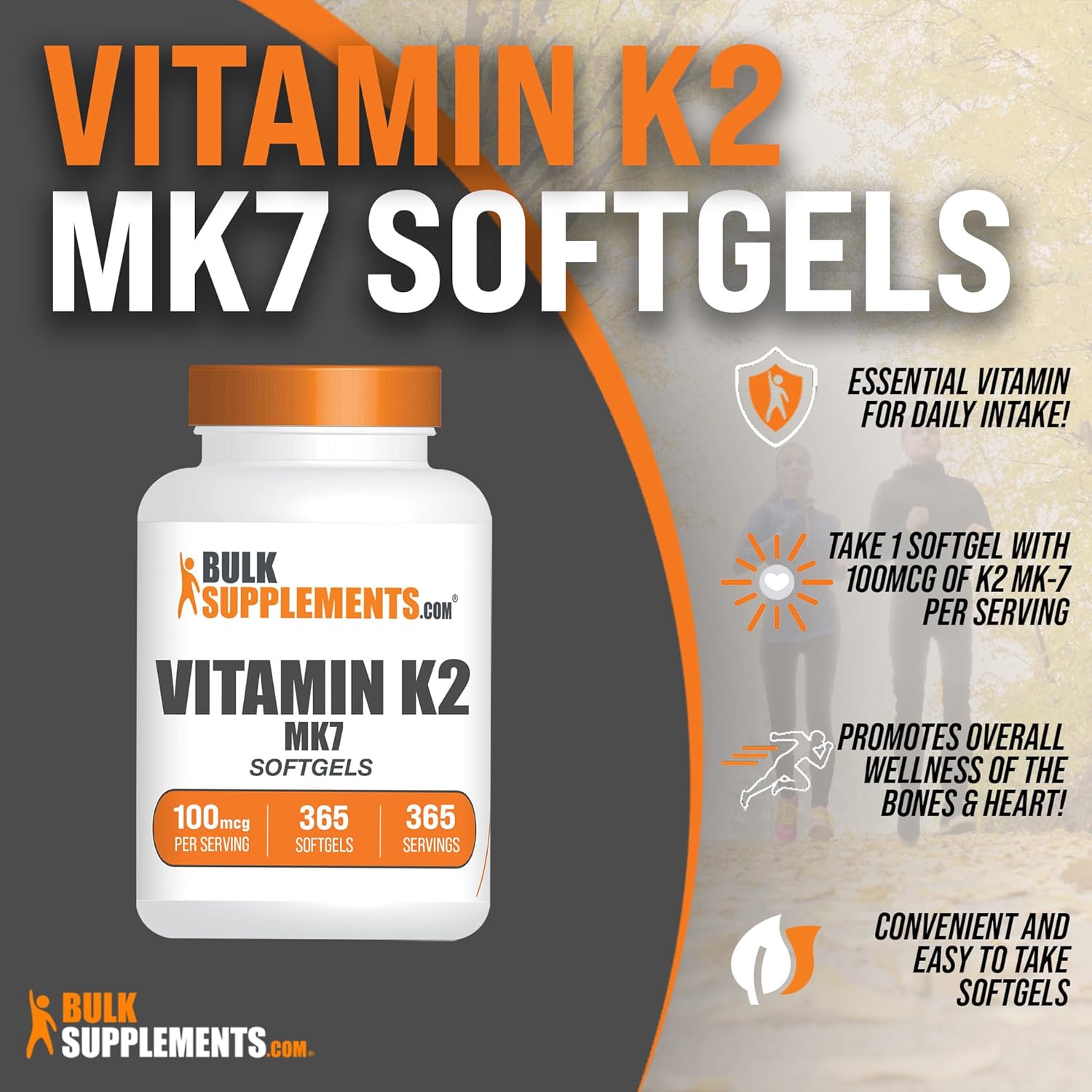 365 Count Vitamin K2 MK7 Softgels - Gluten Free K2 Supplement for Bone Health - 100 mcg per Serving, 1 Softgel