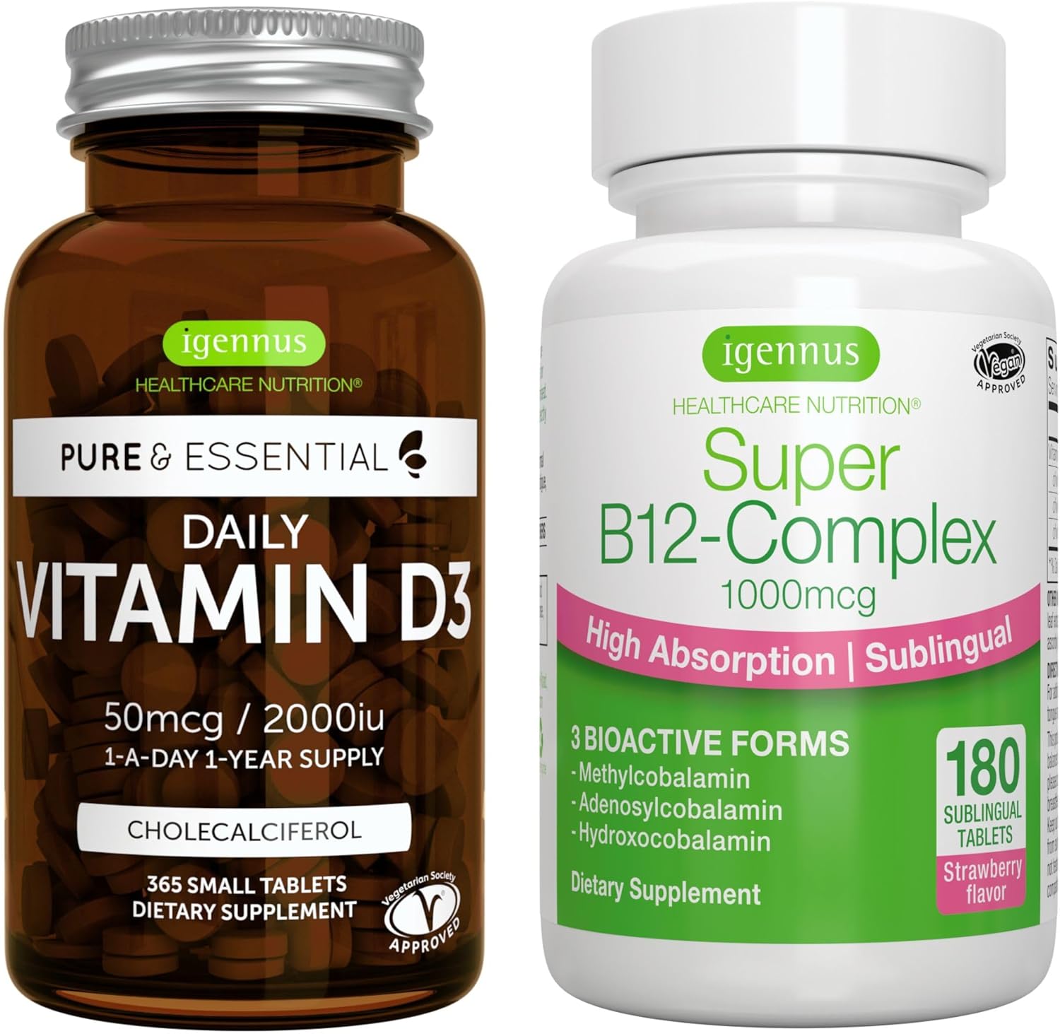 365 Day Supply of Igennus Healthcare Nutrition Vitamin D3 (2000iu) + Super B12-Complex Bundle for Vegetarians