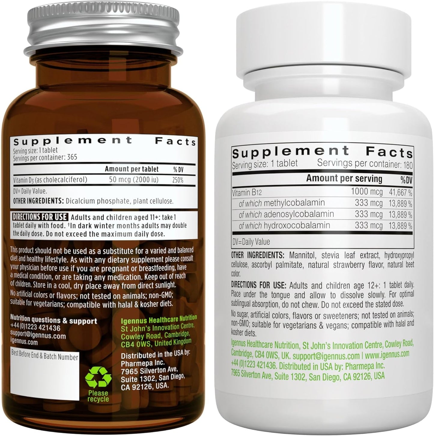 365 Day Supply of Igennus Healthcare Nutrition Vitamin D3 (2000iu) + Super B12-Complex Bundle for Vegetarians