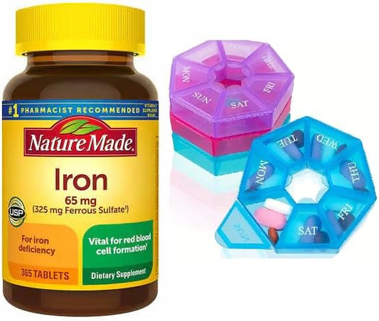 365 Day Supply of Textila Nature Made Iron 65 mg Tablets with Weekly Pill Organizer for Red Blood Cell Support