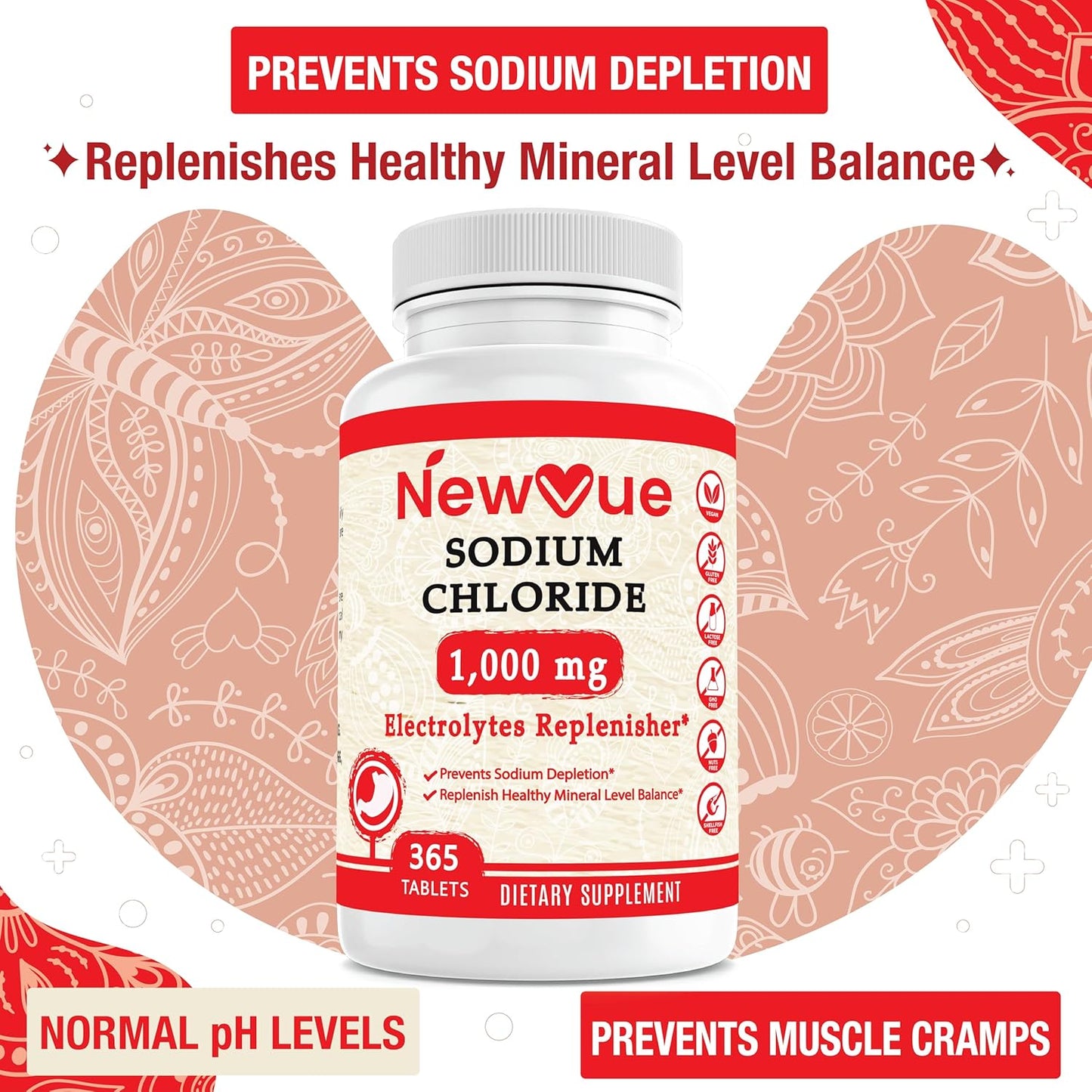 365 Newvue Sodium Chloride 1000mg Tablets - Non-GMO & Gluten Free Salt Tablets for Electrolyte Replacement and Hydration