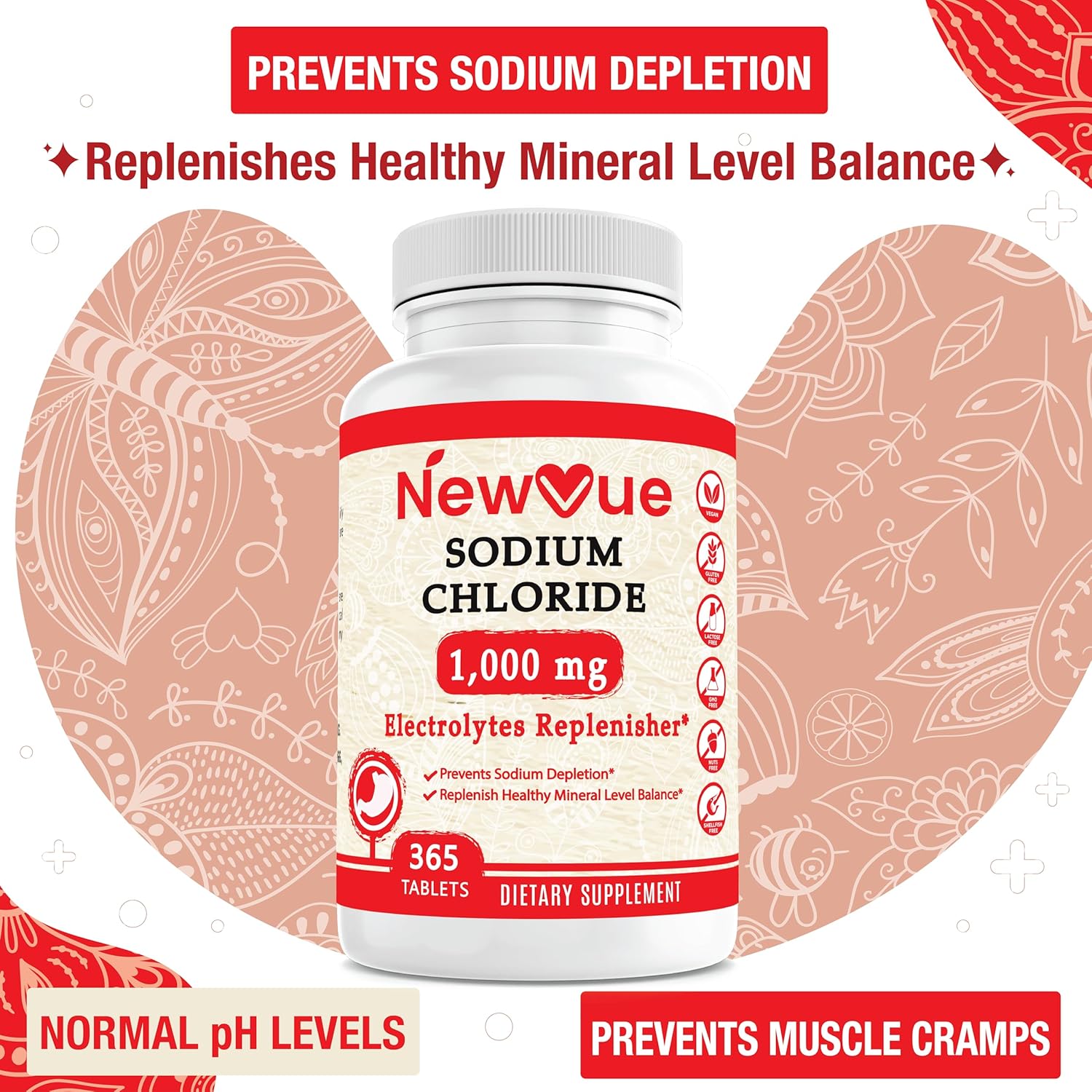 365 Newvue Sodium Chloride 1000mg Tablets - Non-GMO & Gluten Free Salt Tablets for Electrolyte Replacement and Hydration